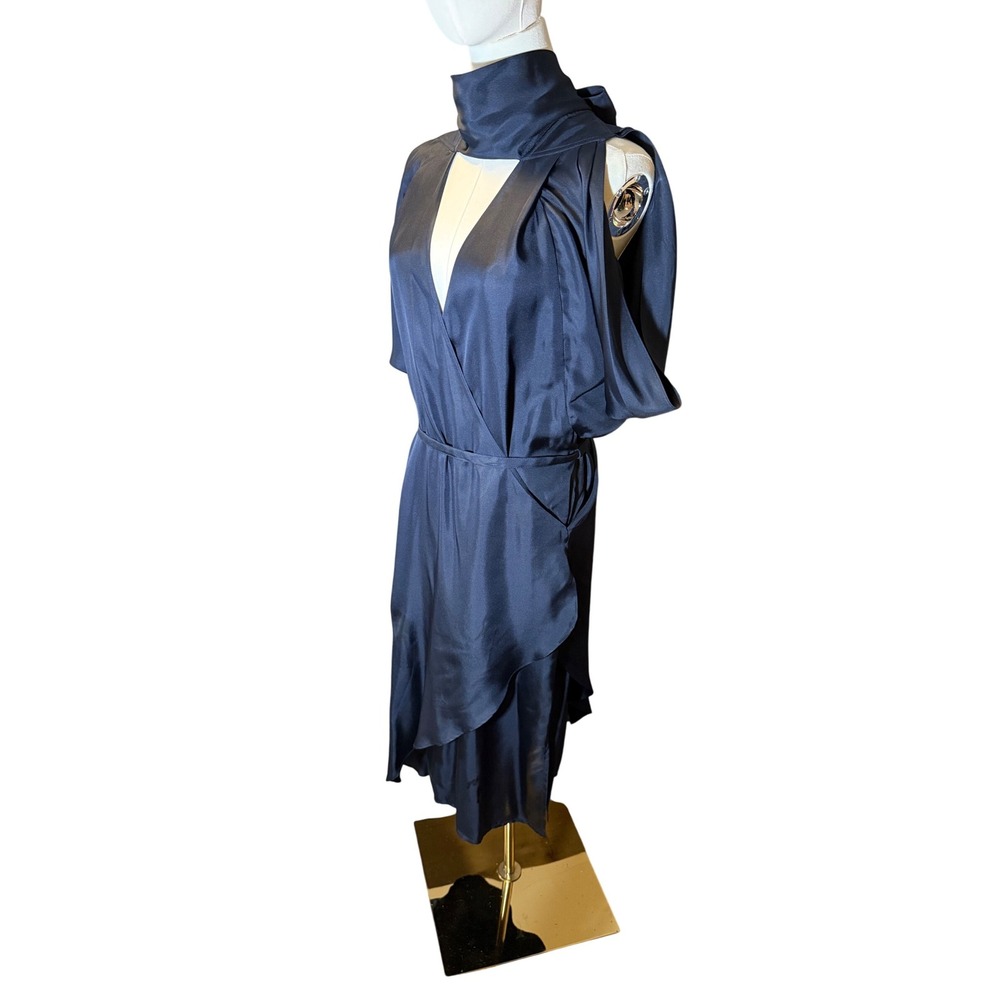 RAOUL Navy Blue Satin Wrap Top Midi Dress with Tie Neck Sz 6 - Picture 2 of 6